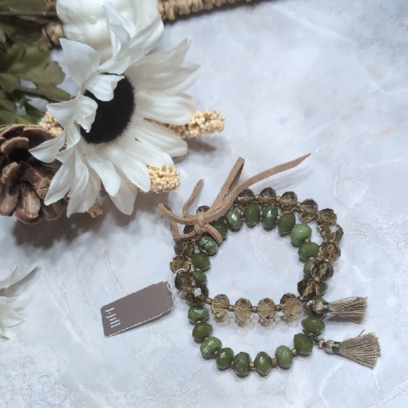 J. JILL Tropical Dreams Green and Tan Beaded Stretch Bracelets NWT - Picture 1 of 6